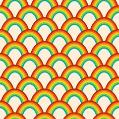Rainbow geometric abstract seamless pattern. Bright colorful design in red, orange, yellow, green and turquoise colors on beige background. For textile and paper design