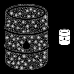 Glossy polygonal mesh net oil barrel icon with glare effect on a black background. Network oil barrel iconic vector with glitter dots in bright colors. Abstraction flat mesh built from polygonal grid,