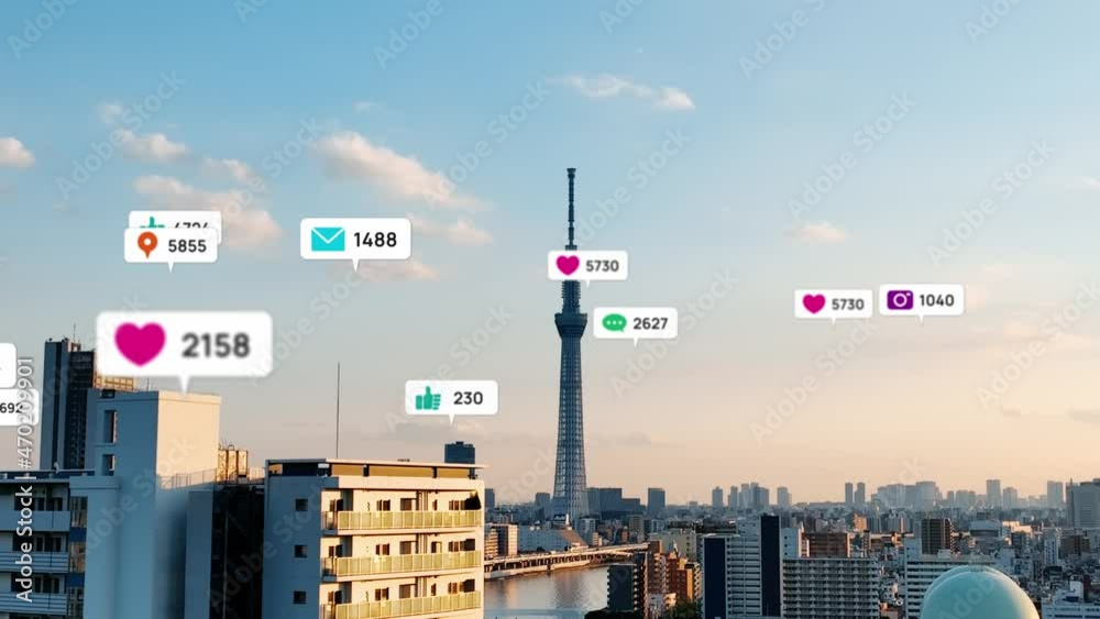 Poster Modern city and various notification. Social networking service concept. communication network.