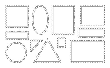 Contour blank postage stamps icon set. Collection perforated postal frames for envelope. Linear template paper mark with place for images or text. Toothed border. Isolated on white vector illustration