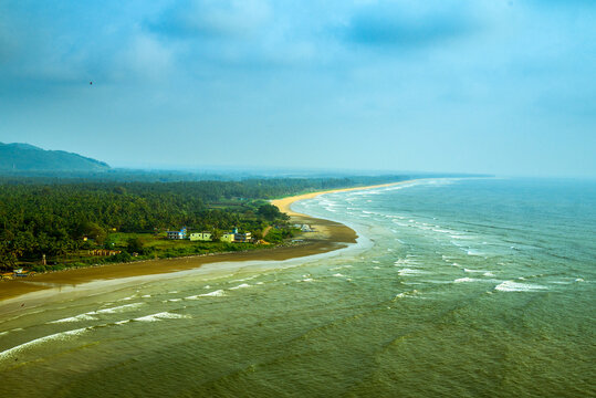 Arial view of the beach. The scenic beach of Murdeshwara, coastal Karnataka, India.