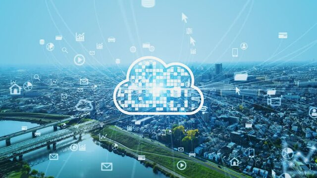 Modern city and cloud computing concept. System integration. SaaS (Software as a Service).