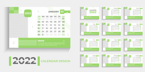Calendar design in 2022. Set of 12 calendar pages vector design print template. Desk calendar template