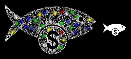Glossy intersected net mesh fish price icon with glare effect on a black background. Light colorful vector constellation created from fish price icon, with white mesh and multicolored light dots. © Evgeny