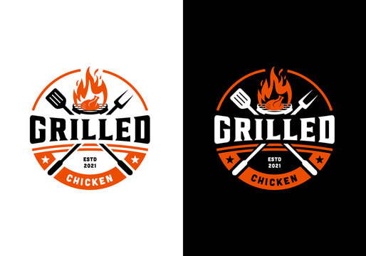 Roasted chicken logo. Vintage grill barbecue logo design template inspiration