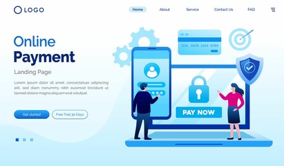 Online payment and secured landing page website illustration flat vector template 