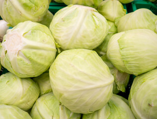 Cabbage swings on the counter. Fresh vegetables in the store.