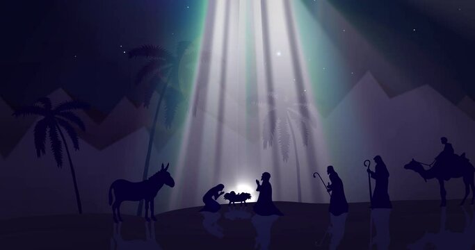 Animation of nativity with glowing lights and floating spots