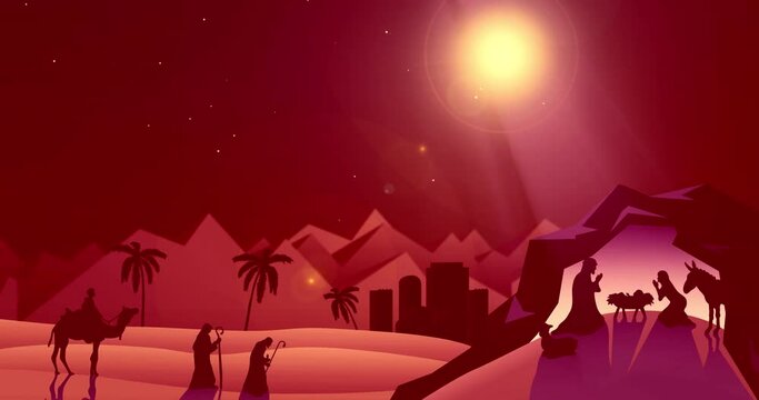 Animation of nativity with glowing lights and floating sun