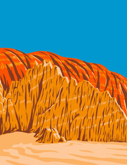 WPA poster art of Cathedral Gorge State with landscape of eroded soft bentonite clay in Lincoln County, Nevada, United States USA done in works project administration style.