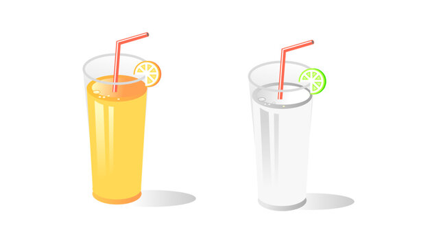 Natural fresh orange juice in a glass. Orange slice, tube for drinking. Healthy organic food. Orange fruit. Flat design vector illustration. Isolated on a white background. Take vitamins.