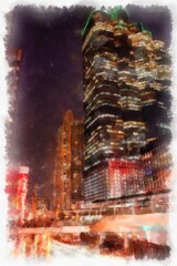city landscape and tall buildings in the city at night watercolor style illustration impressionist painting.