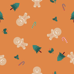 Illustrator vector of gingerbread man with christamas tree and candy wallpaper background