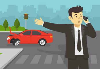Scared businessman or manager driver calling insurance and police after car accident on a city crossroad. Flat vector illustration template. - obrazy, fototapety, plakaty