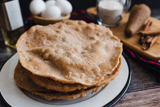 mexican bu&ntilde;uelos recipe and ingredients of traditional dessert for Christmas in Mexico