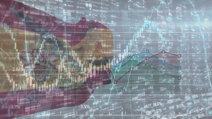 Animation of graphs and data processing over flag of spain on grey background - Powered by Adobe