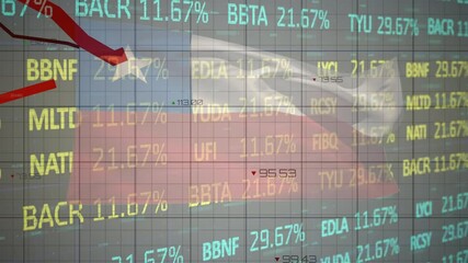 Animation of graphs and data processing over flag of chile on black background - Powered by Adobe
