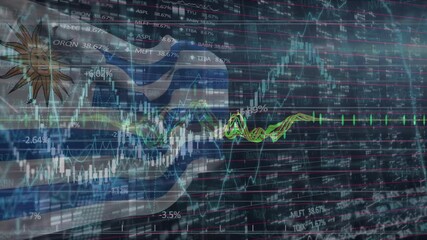 Animation of graphs and data processing over flag of argentina on black background - Powered by Adobe