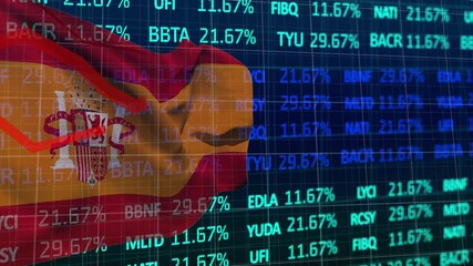 Animation of graphs and data processing over flag of spain on black background - Powered by Adobe