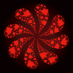 Red bang icon rotation burst petals salute composition on red dark gradient background. Rotation centrifugal explosion combined from red scattered bang icons.