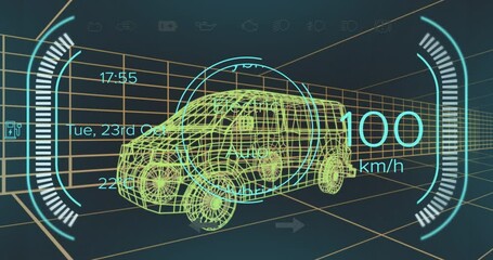 Animation of speedometer and power status data on hybrid vehicle interface, over 3d van model - Powered by Adobe