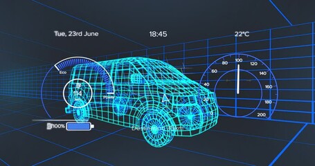 Animation of speedometer, gps and charge status data on vehicle interface, over 3d van model - Powered by Adobe