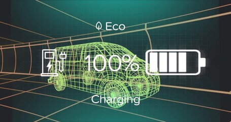 Animation of charge status data on electric vehicle interface, over 3d van model - Powered by Adobe