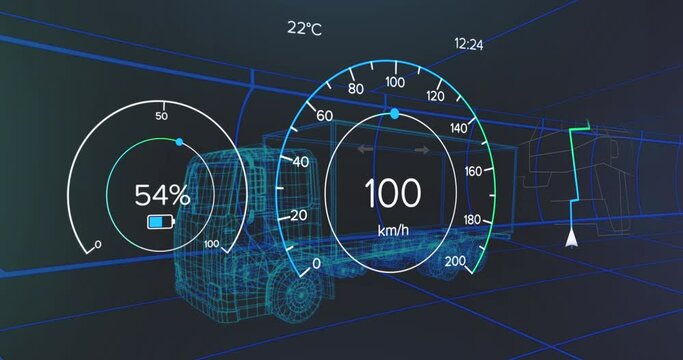 Animation of speedometer, gps and charge status data on vehicle interface, over 3d truck model