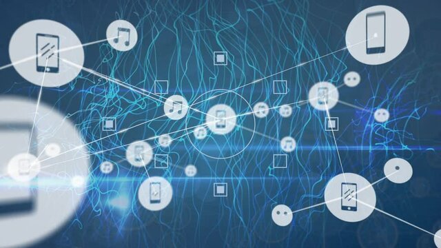 Animation of networks of media device icons over energy currents on blue background