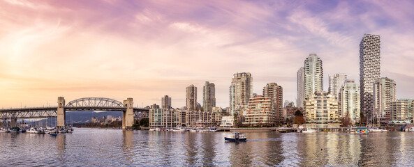 Panoramic View of boats in a marina and Modern Downtown Cityscape. Sunset Sky Art Render. Vancouver, British Columbia, Canada.
