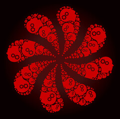 Bloody brain gears icon rotation burst flower salute shape on red dark gradient background. Flower twirl organized from red scattered brain gears symbols.