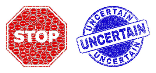 Vector stop octagon sign icon collage is composed with repeating recursive stop octagon sign parts. Uncertain corroded blue round stamp seal. Recursive mosaic of stop octagon sign icon.