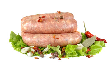 Raw pork sausages.Grilled sausages in close-up, isolated on a white background.Selective focus.