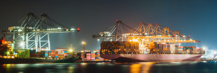 Night light cargo ship and truck at seaport waiting for container dock crane  shipment harbor...