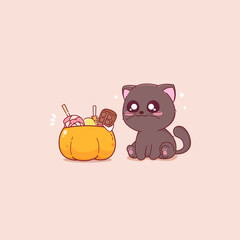 Cute black cat and pumpkin candy bucket. Halloween special vector illustration