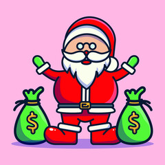 santa clause giving gold coin, money bag for christmas gift	