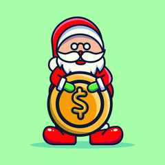 santa clause giving gold coin, money bag for christmas gift	