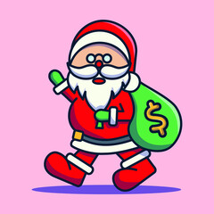 santa clause giving gold coin, money bag for christmas gift	