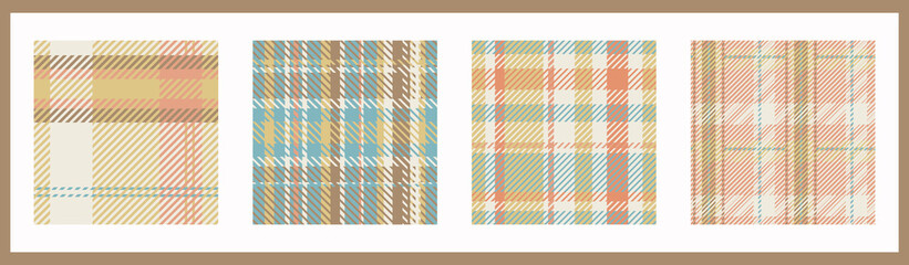 Gender neutral seamless plaid vector pattern collection. Gingham baby color checker background set. Woven tweed all over print. 