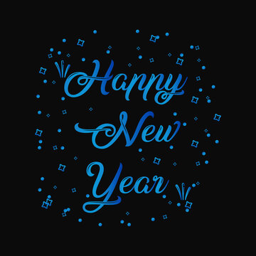 Happy New Year 2020 handwritten lettering typography design, new year celebration confetti and balloon  sparkle firework gold white blue background