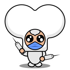 Obraz premium vector cartoon cute half bone mascot costume character wearing a mask and holding a syringe