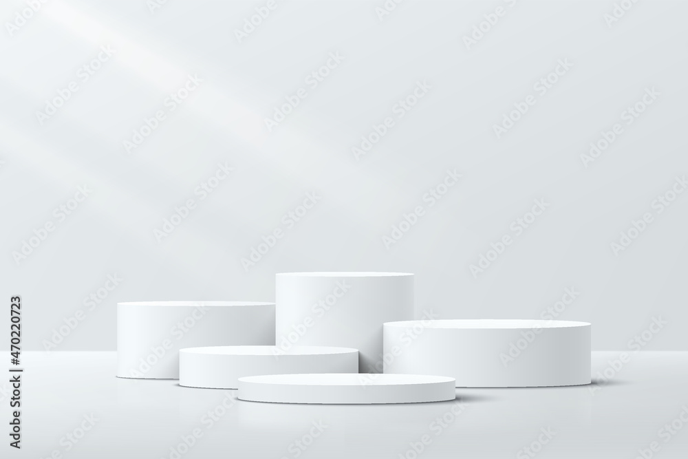 Canvas Prints white realistic 3d cylinder steps pedestal podium set with shadow and lighting. vector abstract stud