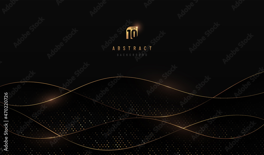 Wall mural Abstract curve wavy layers overlapping on black background with golden light lines and glowing dots elements combinations. Luxury and elegant style. VIP invitation banner with copy space. Vector EPS10