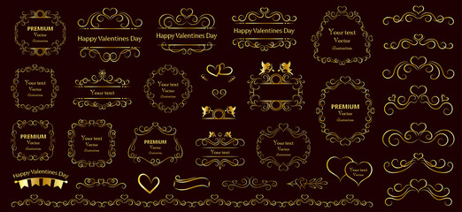 Calligraphic design elements . Decorative swirls and scrolls, vintage frames , flourishes, labels and dividers. Valentine's day special pack design elements. Retro vector illustration