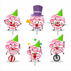 Cartoon character of pink swirl candy with various circus shows