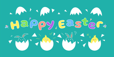 Greeting card with eggs, rabbit and chicken for Happy Easter Day. A comic about a hatched hare from an egg. Surprised bird and egg shell shard. Vector color illustration.
