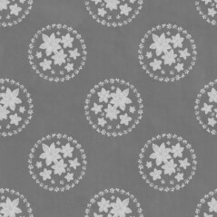 Floral seamless pattern. Gouache painting Floral round wreath from gray and white flowers on textured gray background. Vintage Template for design, textile, wallpaper, bedding, ceramics.