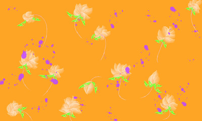 Fototapeta na wymiar Yellow flowers with leaves on hand drawn orange background. watercolor painting vector illustration