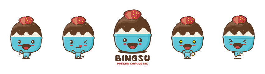 bingsu cartoon mascot illustration, korean shaved ice, with different facial expressions and poses