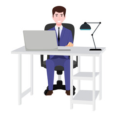Cute businessman character sitting on modern home office desk with chair table and with pc laptop computer table lamp